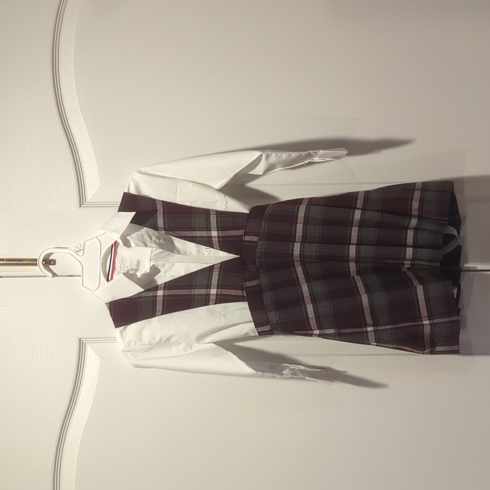 Girl's burgundy plaid French Toast jumper with white button up long sleeve shirt